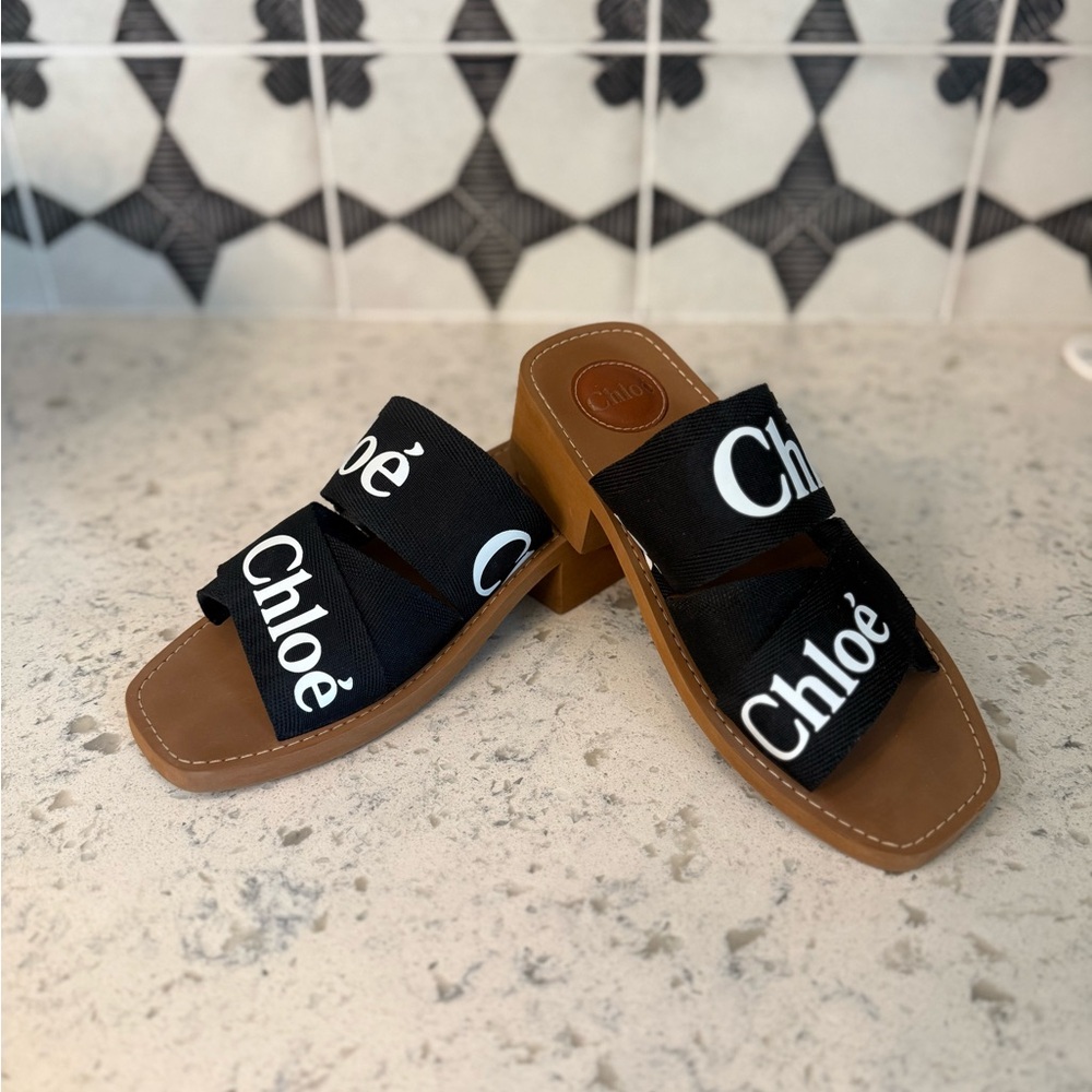 Chloe Black Sandals with White Logo and Tan Sole